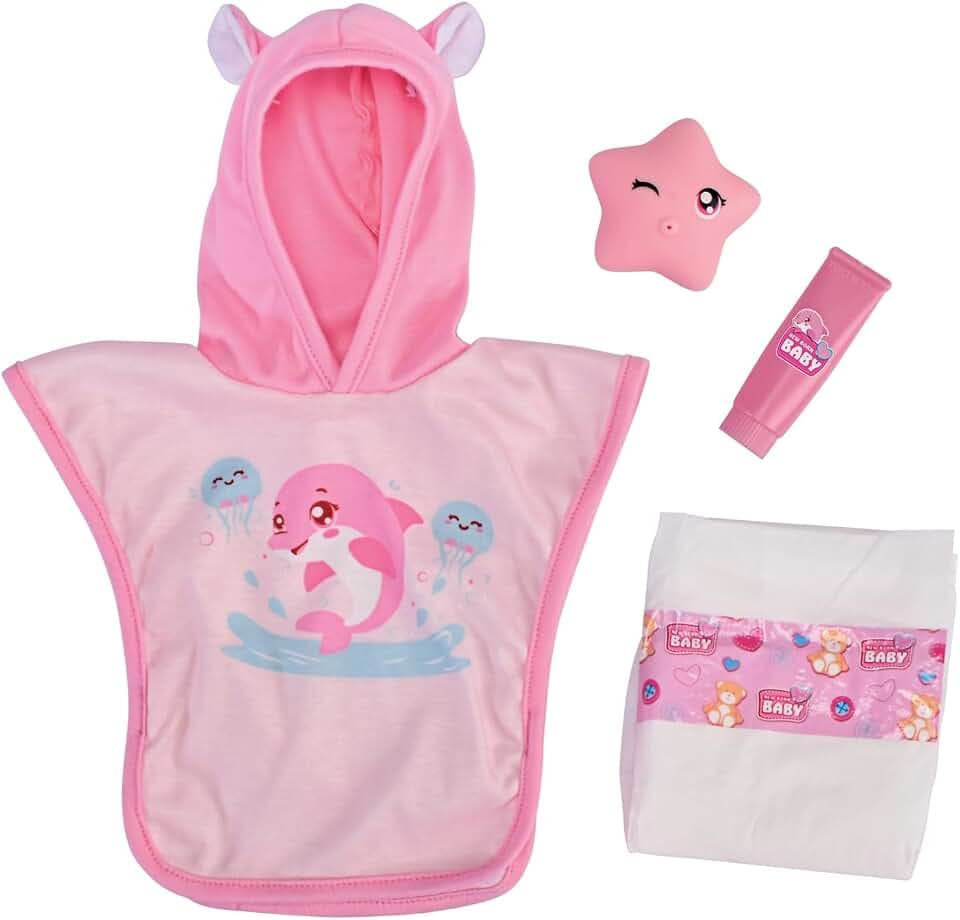 Simba New Born Baby Badespaß Zubehör – 4-teiliges Puppenzubehör-Set mit Bademantel, Wasserspritzer, Windel & Cremetube, passend für Puppen von 30–43 cm, ab 3 Jahren