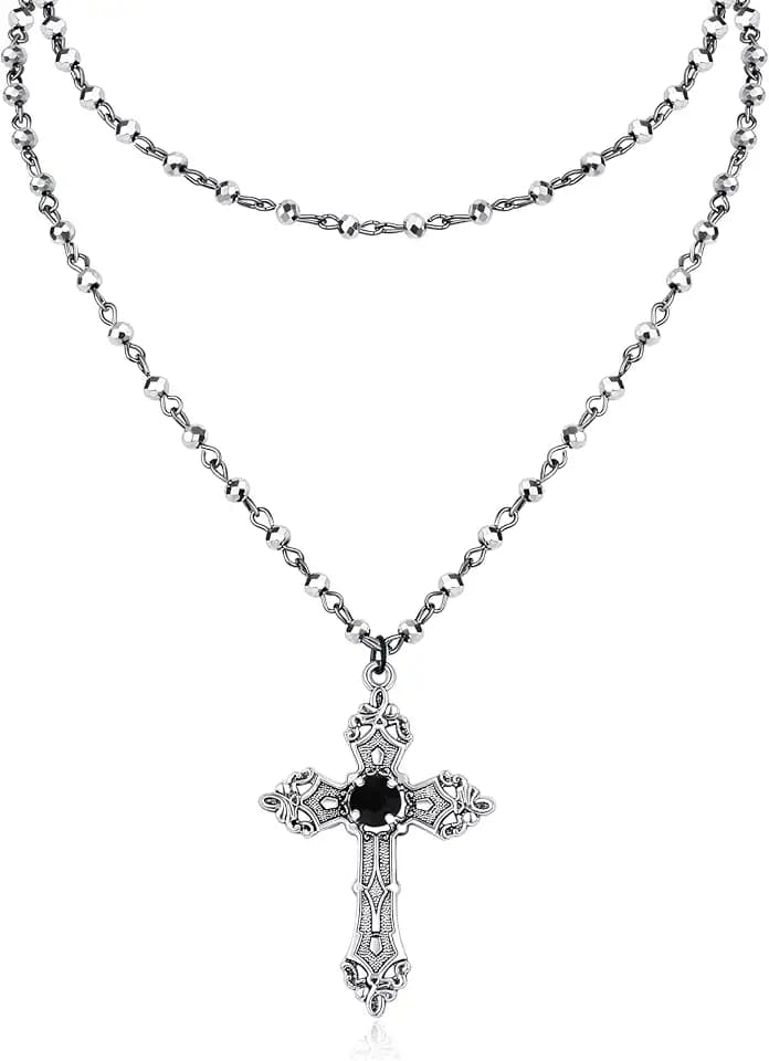 Gothic Layered Cross Necklace, Goth Black Cross Choker, Gothic Emo Grunge Necklace, Goth Jewelry, Halloween Jewelry Gift for Women