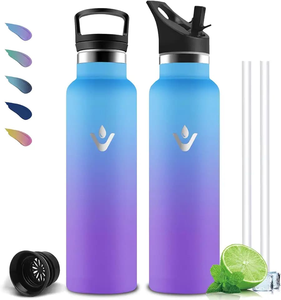 Thermosflasche- 1l- Trinkflasche Edelstahl, Trinkflasche Sport, BPA-Frei, Wasserflasche Doppelwandig, Flasche mit Strohhalm, mit Schraubverschluss, für Wandern, Fitness, Camping
