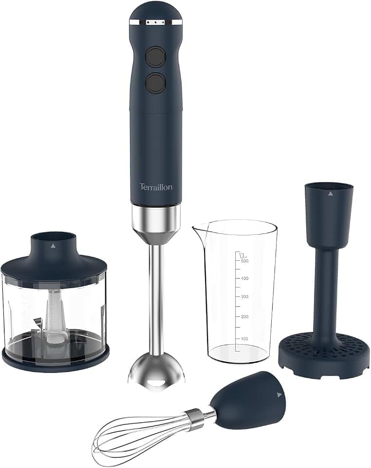 TERRAILLON New Moon Elektrischer Stabmixer, Edelstahlklingen, Turbo-Funktion, 1000 W, variable Geschwindigkeit, Messbecher, Schneebesen aus Edelstahl, Zerkleinerer 600 ml, Kartoffelpresse, lackierter
