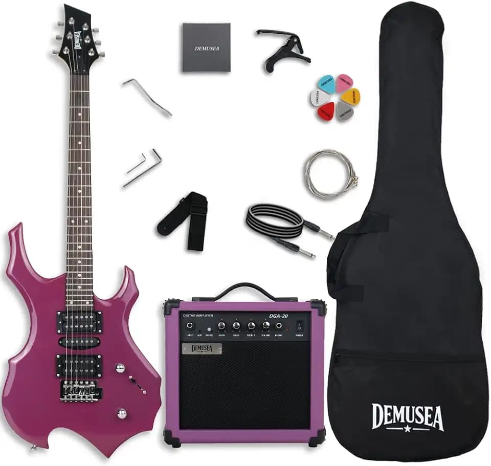 Purple Color Unique Cool Shape Electric Guitar Beginner Kit With Non-Rechargeable 20W Amp HSH Pickup 24Fret 25.5 Inch Scale Length 1V 1T 5Ways Toggle Solid Body Maple Neck Full Accessories In