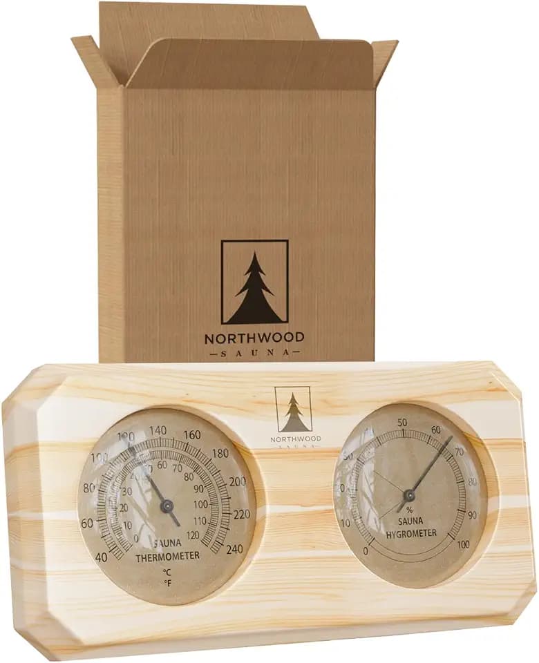 Northwood Sauna - Sauna Thermometer and Hygrometer 2 in 1 - Fahrenheit & Celsius - Handmade from Finnish Pine Wood - Luxurious Golden Metal Dials