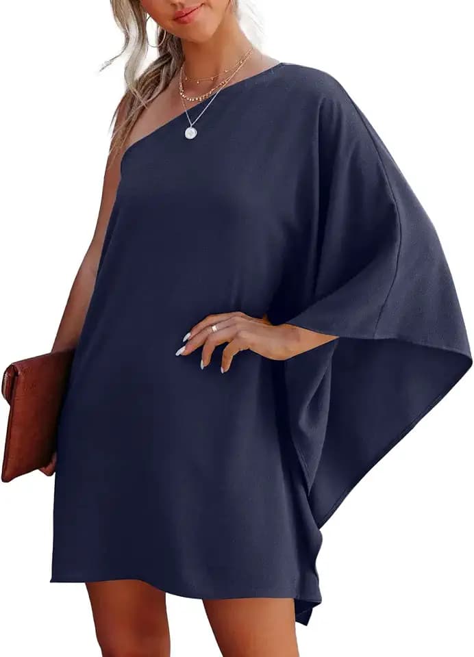 oten Womens Sexy One Shoulder Batwing Sleeve Asymmetrical Short Dresses Elegant Party Cocktail Flowy Mini Dress Navy Blue Medium