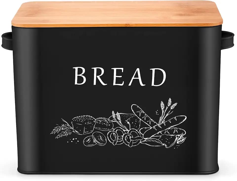 Brotkasten, Herogo Metall Brotbox mit Holzdeckel zum Schneiden von Brotbrett, extra großer Brothalter hält großen Brot, platzsparende Brotaufbewahrung für Küchenarbeitsplatte, 33x18x24.5 cm (schwarz)