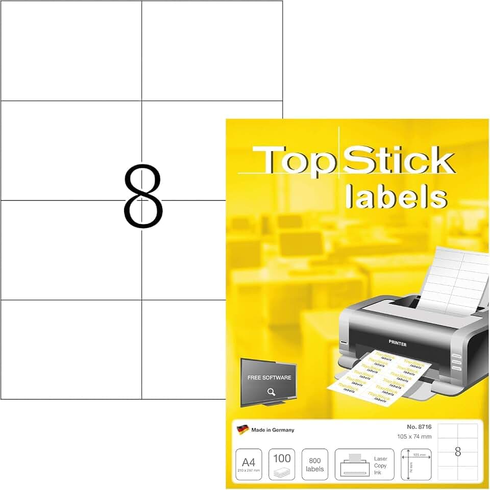 TopStick 8716 Universal Etiketten, 100 Blatt, 105 x 74 mm, 8 pro A4 Bogen, 800 Stück, selbstklebend, bedruckbar, matt, blanko Papier Klebeetiketten Aufkleber, weiß