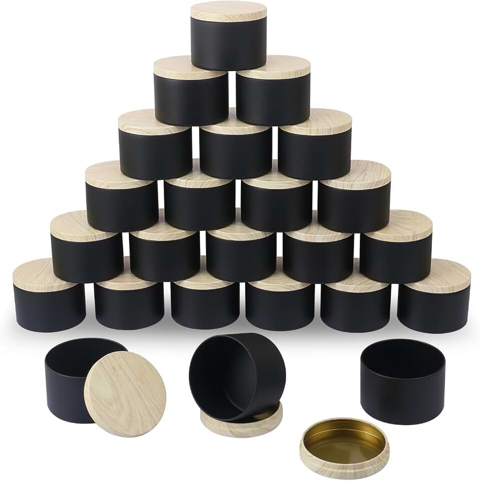 24 Pack 8 OZ Black Metal Candle Tins, Round Candle Tins with Wood Grain Lids for DIY Candle Making and Storage