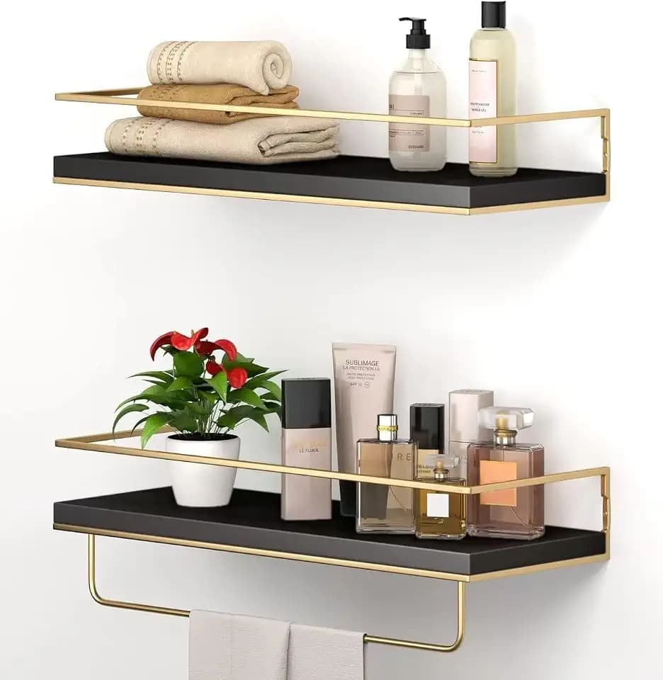 Shario Floating Shelves - Set of 2, Wall Mounted Hanging Shelves with Golden Towel Rack, Decorative Storage Shelves for Bathroom, Kitchen, Living Room & Bedroom (Black Gold, 15.7 Inches)