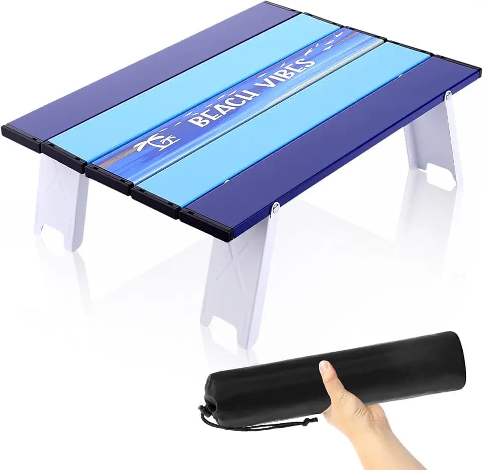Chunful Beach Table 16 x 11 x 5 Inch Folding Camping Portable Table Striped White Aluminum Side with Carry Bag for Camping Picnics Hiking Outdoor Activities (Blue,Novel)