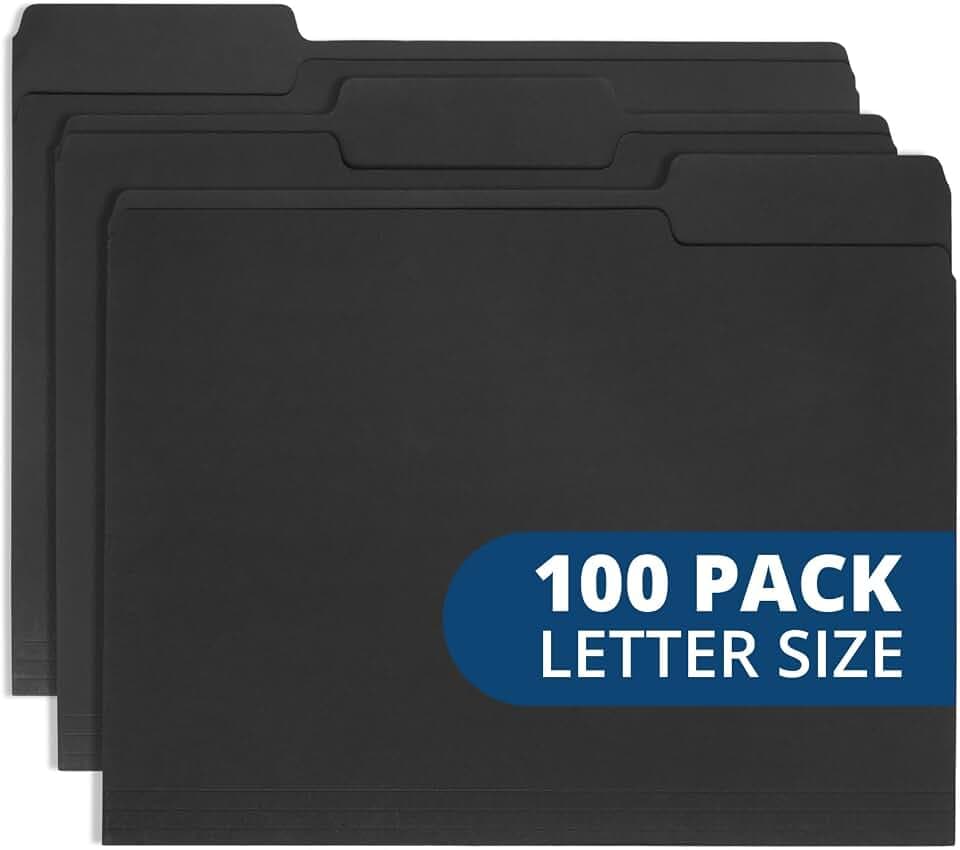 Blue Summit Supplies 100 Black File Folders, Letter Size, 1/3 Cut Tab, 11pt