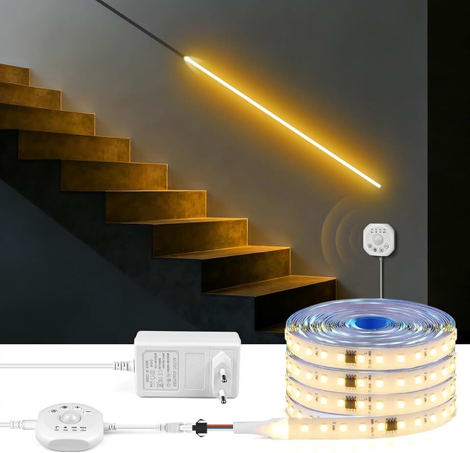 AIMENGTE COB LED Streifen, 5 m Warmweiß LED Treppenbeleuchtung mit Bewegungsmelder, Ausgestattet mit Zwei Beleuchtungsmodi, für Unterschränke, Küche, Treppen, Schlafzimmer