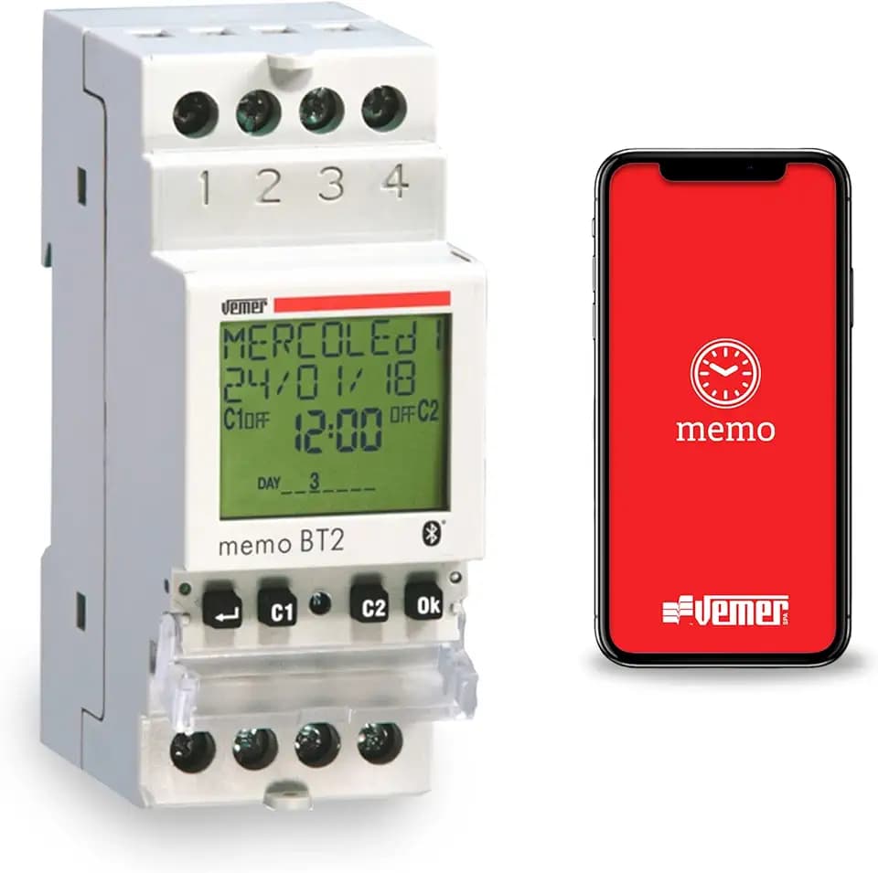 VEMER VE767700 MEMO BT2 - Digitale Zeitschaltuhr mit Tages- oder astronomischer Programmierung, Bluetooth und App-Steuerung, 2 Kanäle, DIN-Hutschiene, Weiß