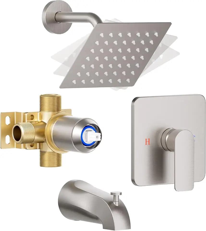 Shower Faucet Set Brushed Nickel, Shower Valve Kit with Bathtub Faucet, Single Handle Tub and Shower Set, High Pressure Head, High Flow Tub Spout with Easy Diverter, Solid Brass Valve