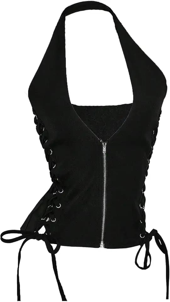 Floerns Women's Y2k Lace Up Halter Top Zip Up Deep V Neck Sleeveless Going Out Fall Fashion Tops