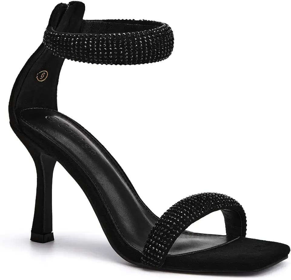 Coutgo Womens One Strap Sandals Square Toe Stiletto Heels Dress Shoes