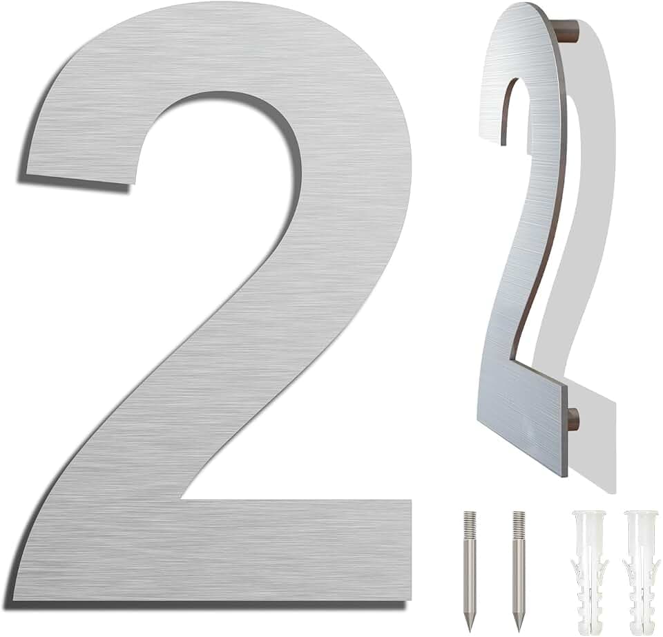 Edelstahl Hausnummer - Wetterfest und Pflegeleicht - Metallic Mattes Silber Finish - Moderner Schwebender Aussehen und Einfache Installation - Höhe 152 mm - Arial Ziffer 2