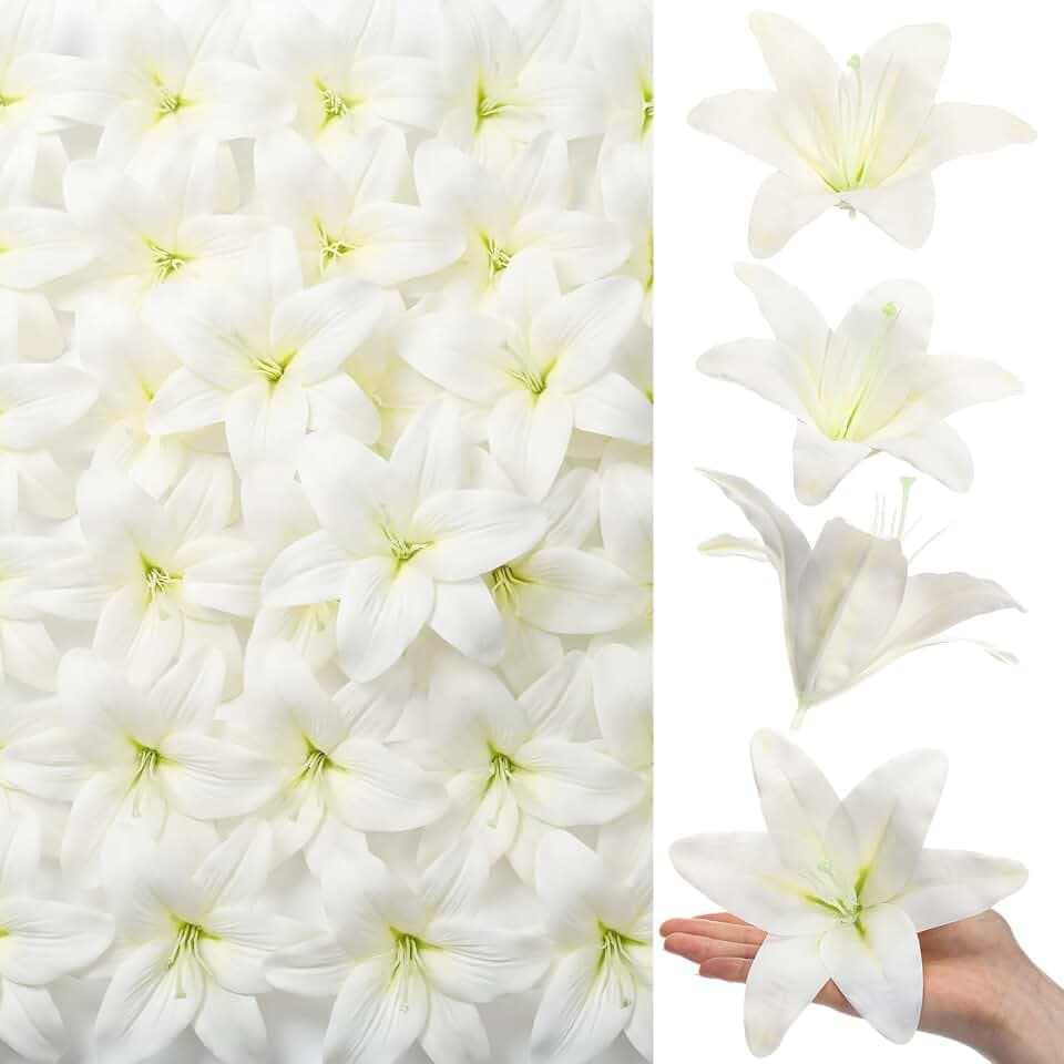 Suncalla Large Artificial Lily Heads with Stamen, White, 20 Pack