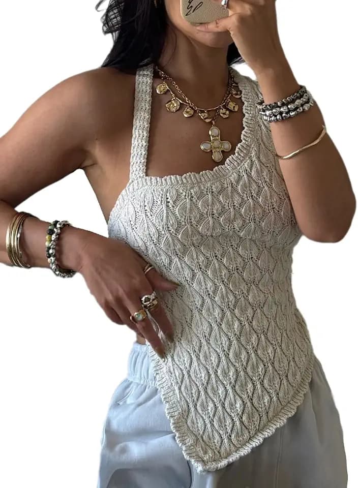Womens Sexy Ribbed Knit Vest Asymmetrical Halter Backless Tops