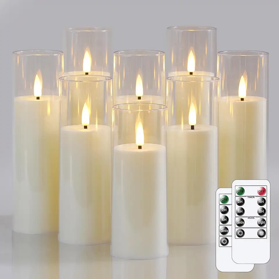 Packung mit 8 Acryl flammenlos flackernden 5,5 cm x 12,5 15 17,5 20 cm Elfenbein Kunststoff LED-Kerzen mit Fernbedienung, batteriebetrieben Zyklus Timerfunktion Kerzen