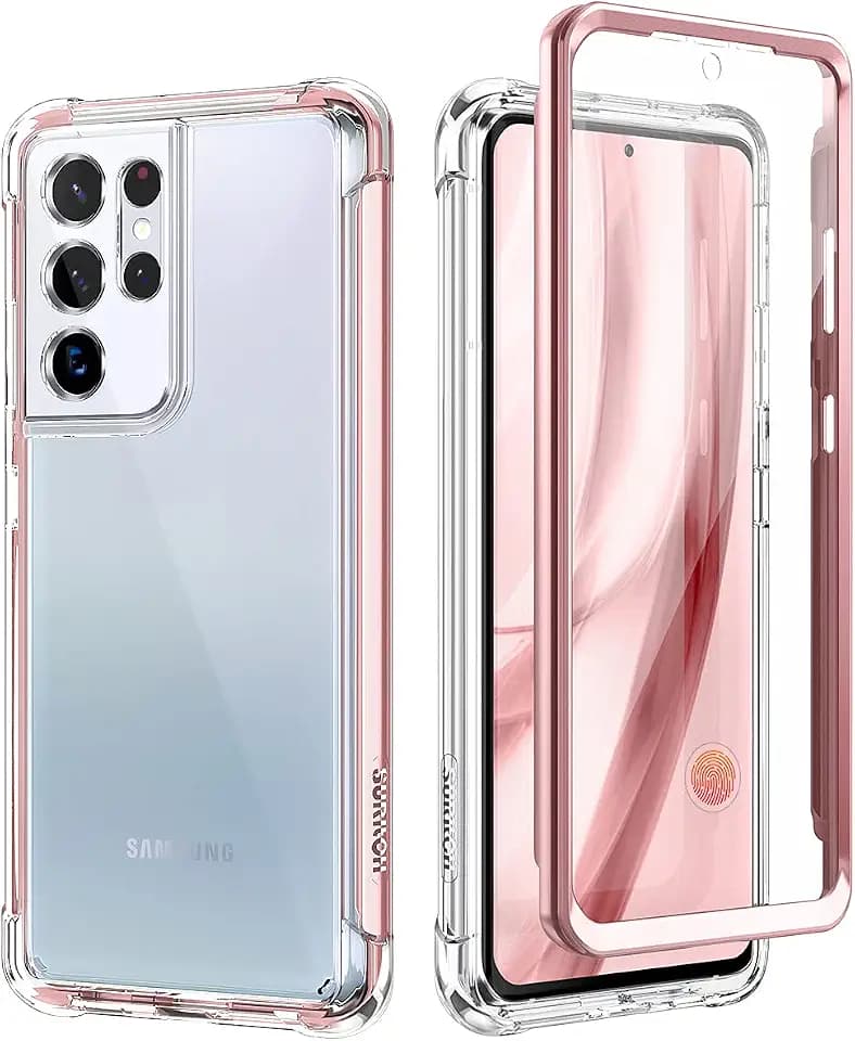 SURITCH for Samsung Galaxy S21 Ultra Clear Case 6.8", [Built-in Screen Protector] Full Body Protective Hard Shell+Soft TPU Phone Case for Samsung S21 Ultra -(Rose Gold Edge)