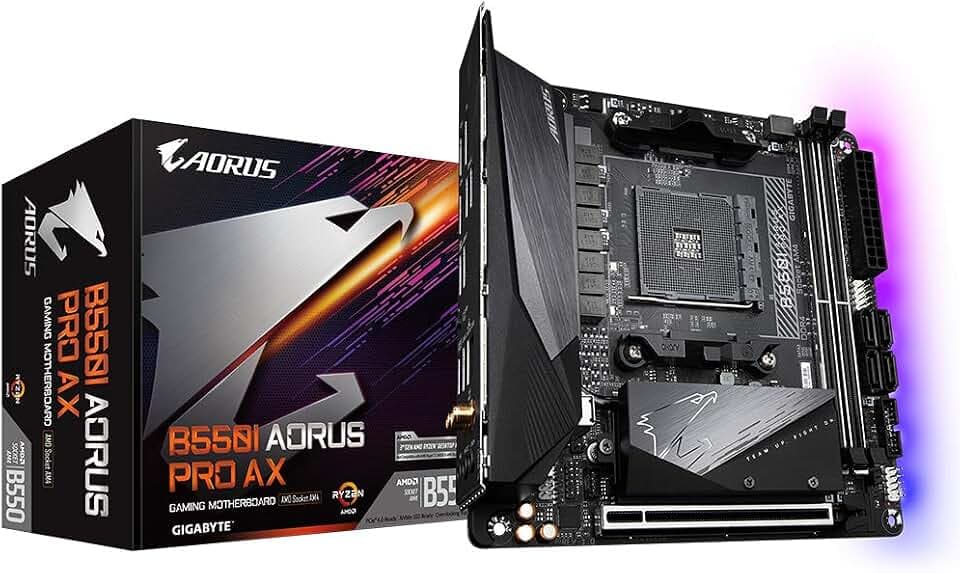 GIGABYTE B550I AORUS PRO AX Mainboard – AMD Ryzen 5000 CPUs, 8 Phasen VRM, bis zu 5300 MHz DDR4, 1xPCIe 4.0 + 1xPCIe 3.0 M.2, Wi-Fi 6E, 2.5GbE LAN, USB 3.2 Gen 2