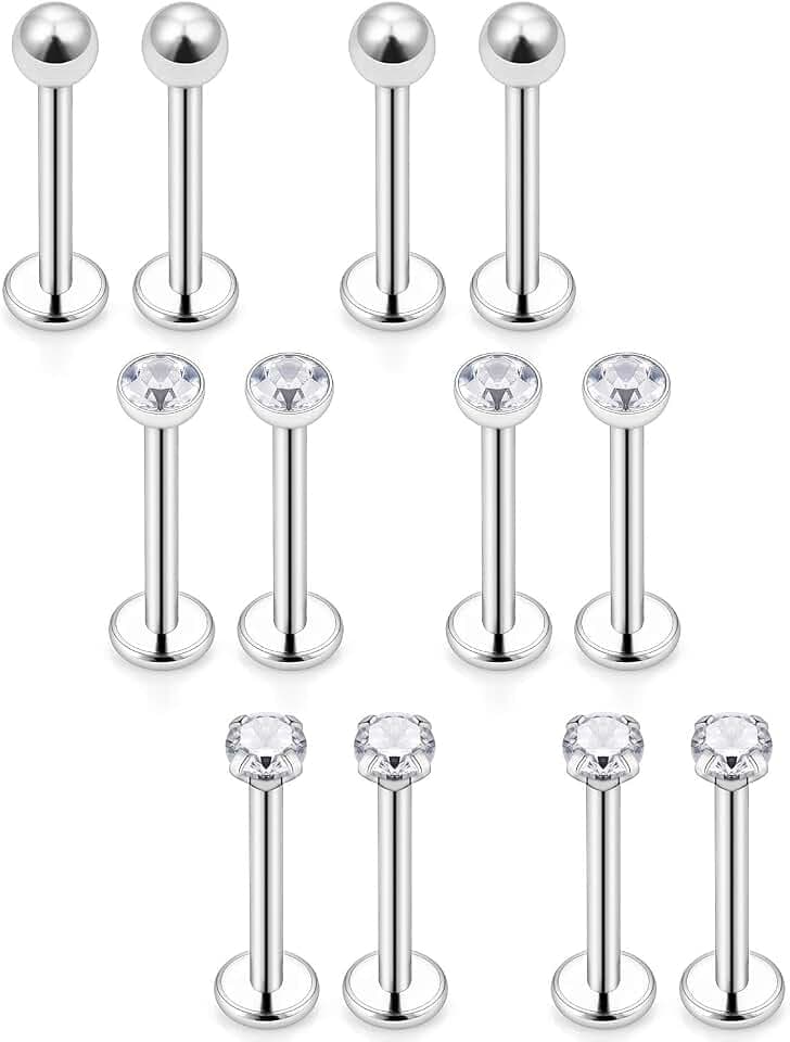 Tragus Earrings 16G Surgical Steel Cartilage Conch Helix Studs Piercing Clear Diamond CZ Lip Ring Labret Studs Barbell Medusa Jewelry for Women Men 6mm 8mm 10mm 12 Pieces