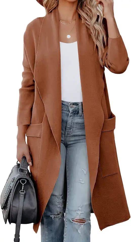 kinstell Lässige Damen-Strickjacke, langärmelig, vorne offen, drapiert, Lange Strickjacke, Jacken, Pullover, Mantel, Blazer mit Taschen