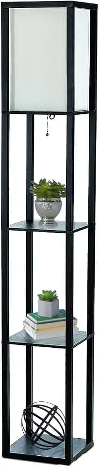 Simple Designs LF1014-BLK 62.5" Modern Etagere Organizer Storage 3 Shelf Floor Lamp with White Linen Fabric Shade for Home Décor, Office, Study, Bedroom, Living Room, Dining Room, Black
