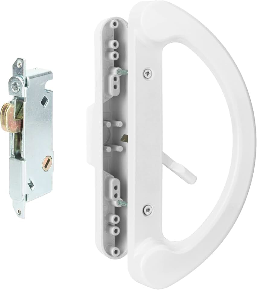Sliding Patio Door Handle Pull Set with Mortise Lock, Full Replacement White Diecast Non-Keyed Gate Handle Set for Sliding Glass Door, Fits 3-15/16” Hole Spacing
