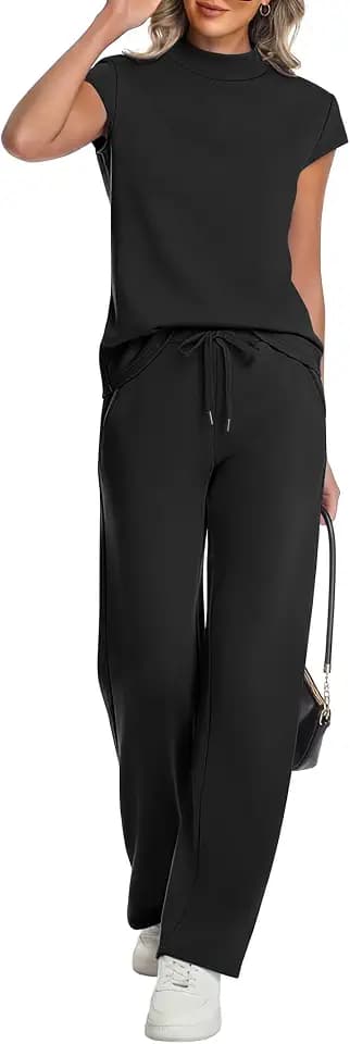 Casly Lamiit Two Piece Sets for Women 2026 Summer Travel Airport Beach Vacation Outfits Mock Neck Wide Leg Pants Set