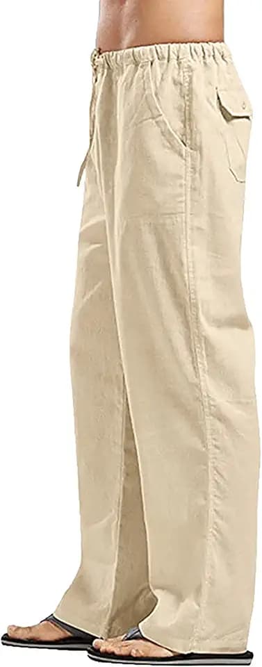 YAOHUOLE Herren-Leinenhose, leichte Yogahose, elastische Taille, gerade Beine, Kordelzug-Hose