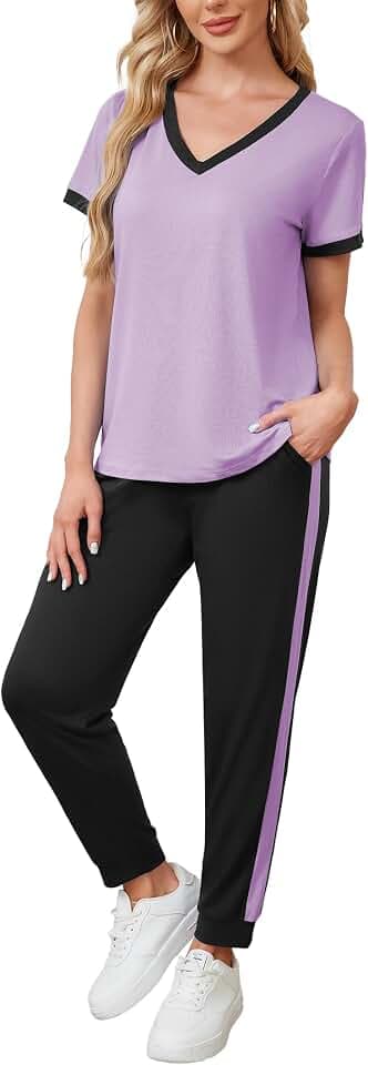 Famulily Damen-Trainingsanzug-Set, V-Ausschnitt, kurzärmeliges Oberteil und gestreifte Jogginghose, Sommer, 2-teiliges Outfit mit Taschen, S-XXL