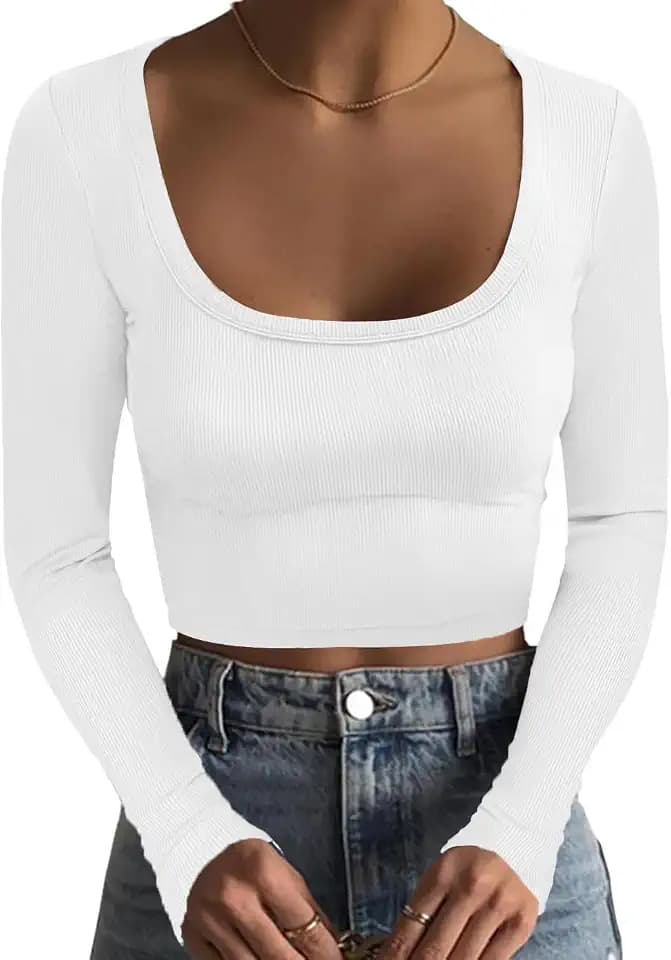 DUOEASE Langarmshirt Damen Slim Fit Crop Tops Damen Sexy U Ausschnitt Elegante Oberteile