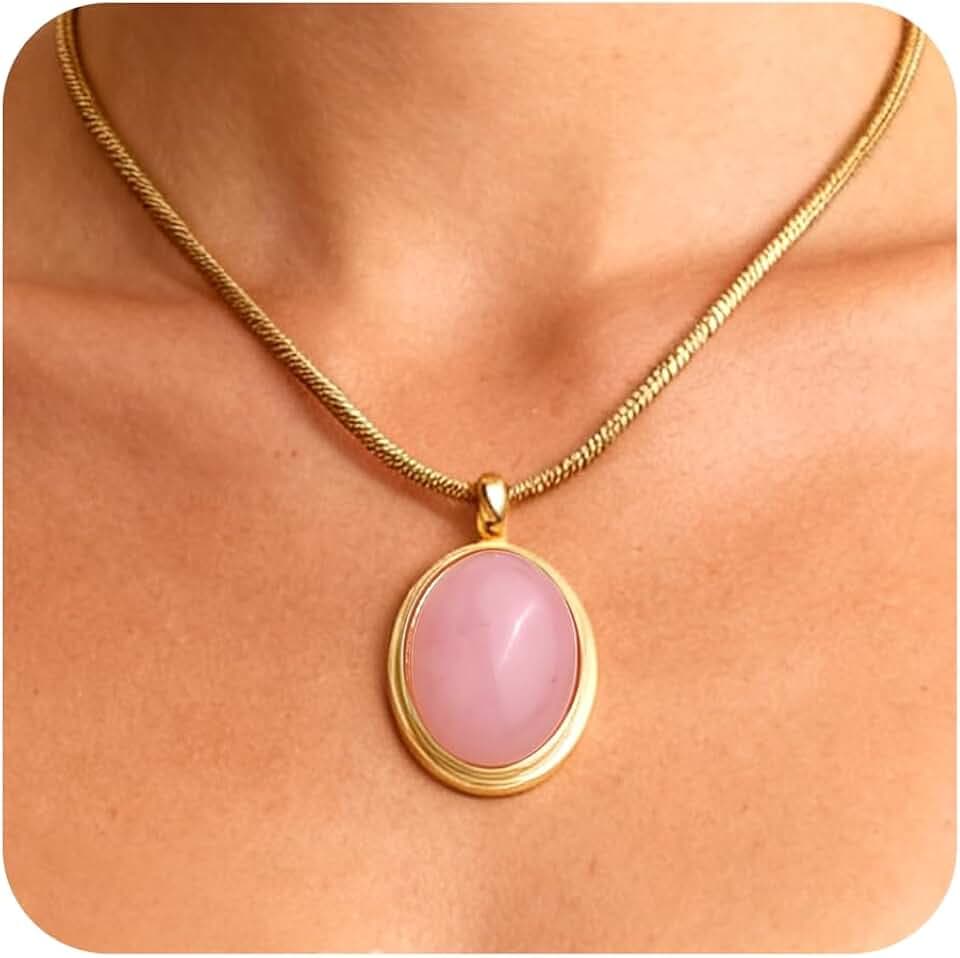 Sonateomber Gold Stone Pendant Necklace for Women, Chunky Statement Dainty Heart Oval Natural Gemstone Dangle Necklaces Wedding Prom Accessories Fashion Jewelry Gift