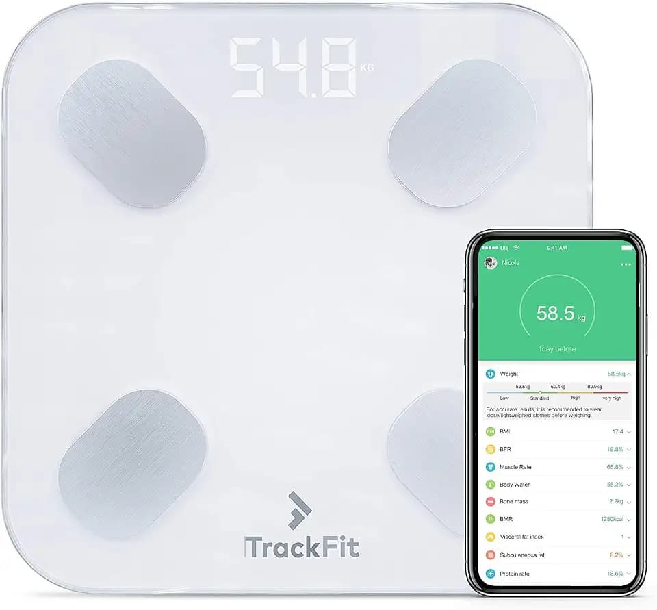 FitTrack Dara Smart BMI Digital Scale - Measure Weight and Body Fat - Most Accurate Bluetooth Glass Bathroom Scale (White)