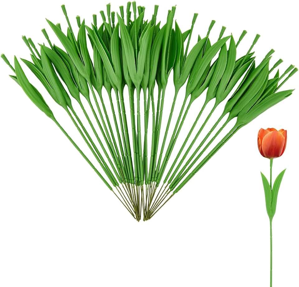 SUPERFINDINGS 30PCS 13 Gauge Floral Wire Stem with Leaves Artificial Tulip Wire Stem Bouquets Floral Arranging Stem Wrap Plastic Wrapped Floral Stem Wires for Wedding Bouquet Flower Arrangement