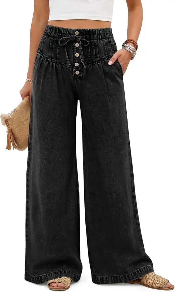 Tankaneo Womens Wide Leg Pants Drawstring Baggy Jeans Denim Palazzo Pants