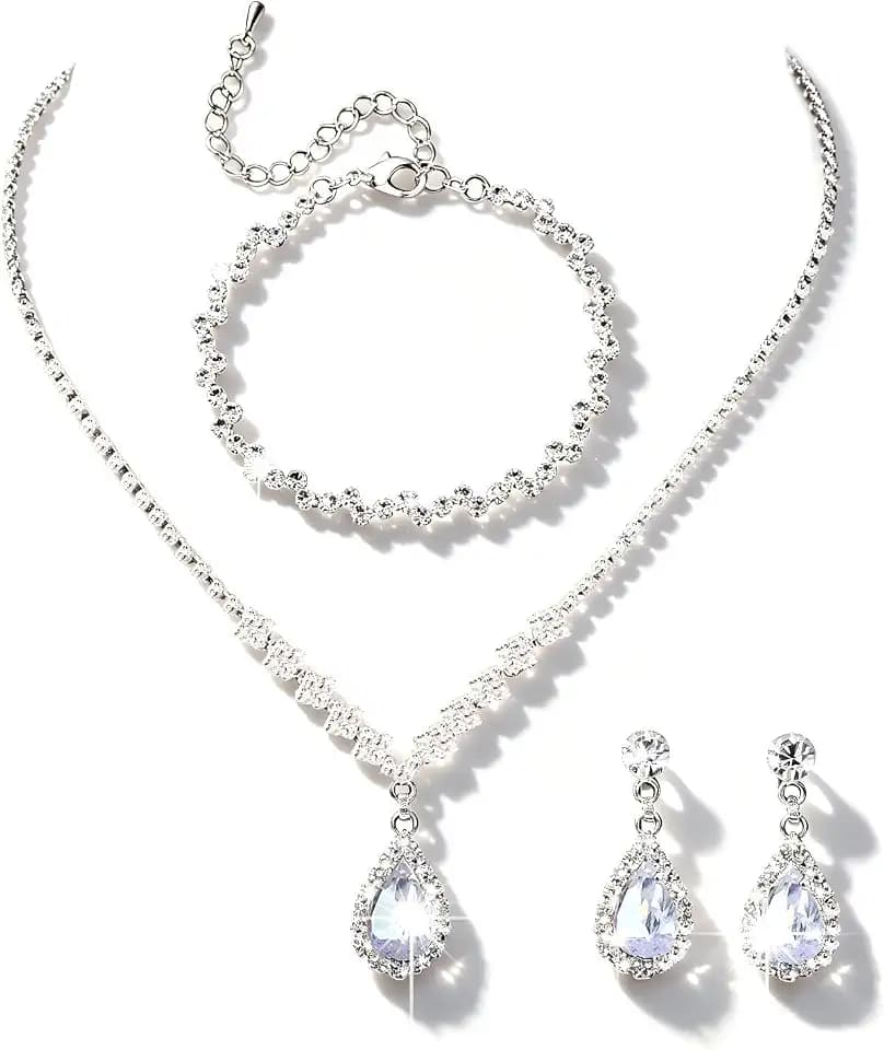 Silver Bridal Jewelry Set Necklace Earrings Bracelet Ring 4Pc