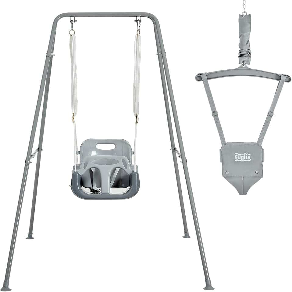 FUNLIO 2 in 1 Baby Jumper and Swing with 4 Sandbags, Foldable Stand - Grey