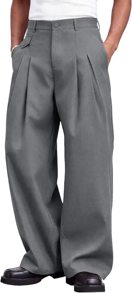 Runcati Mens Baggy Dress Pants Pleated Wide Leg Casual Elastic Waist Slacks