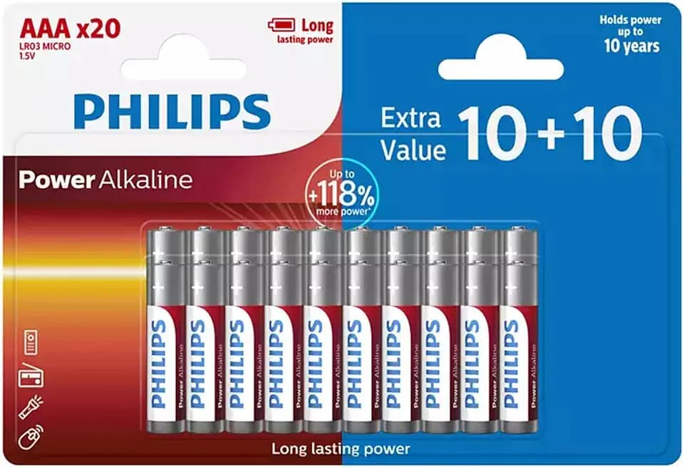 PHILIPS AAA Batterien 20 Stück - Vorteilspack Batterien LR03/1,5V - Alkaline Batterien - Batterie AAA mit 10 Jahren Lagerfähigkeit - bis zu 118% mehr Energie