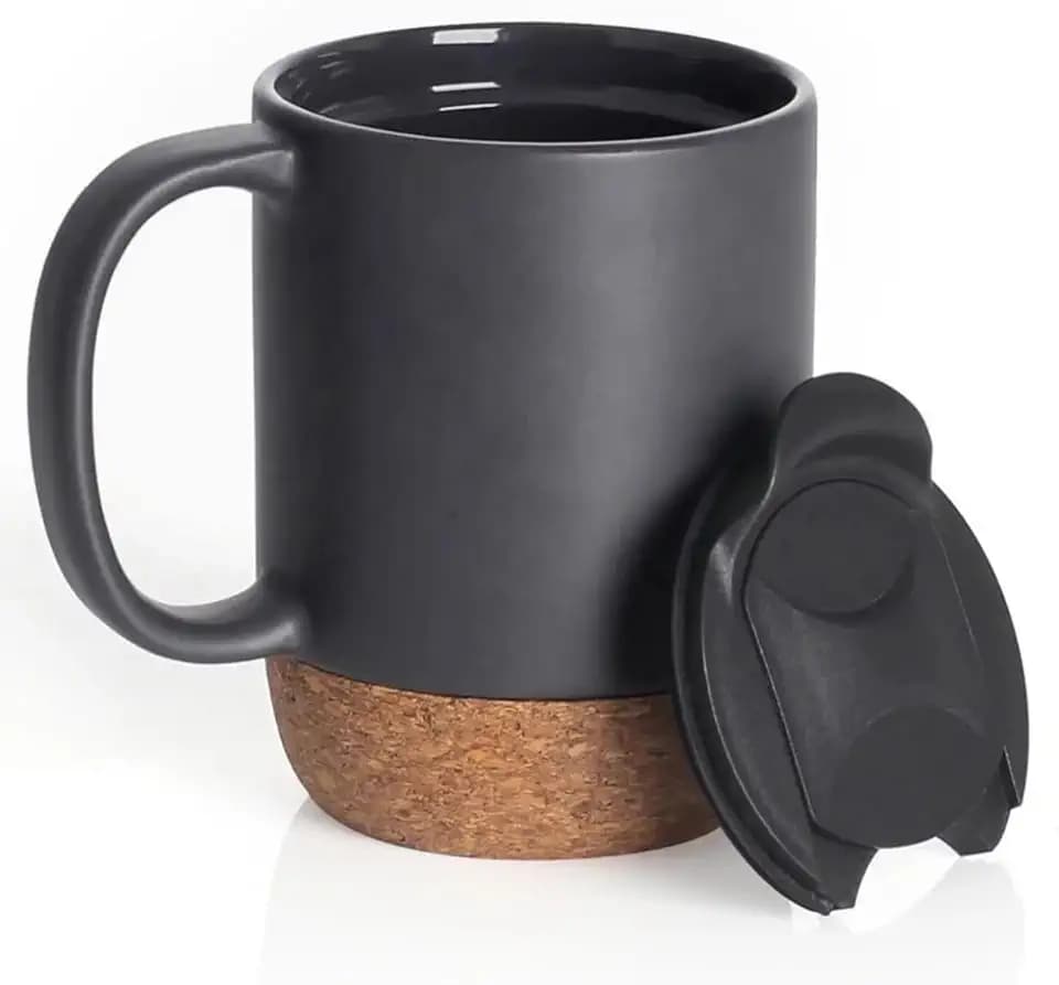Keramik-Reisebecher mit Griff, abschließbarer Deckel, hitzebeständiger Boden, Schwarz