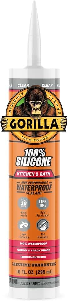 Gorilla 100% Silicone Caulk, Kitchen & Bath Sealant, 10oz Cartridge, Clear
