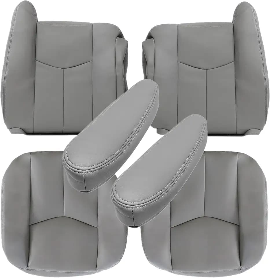 Priprilod #922 Gray Leather Driver & Passenger Bottom & Top Lean Back Seat Cover & Armrests Cover Compatible with Chevy Silverado Sierra Tahoe Suburban Avalanche Yukon Yukon XL 2003 2004 2005 2006