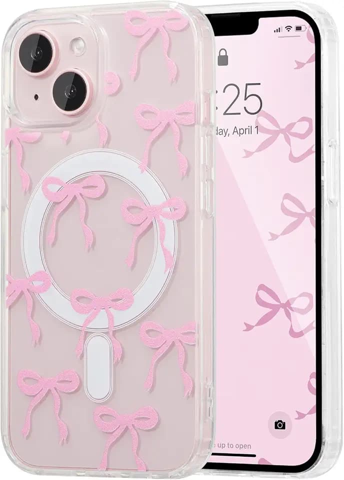 UEEBAI Magnetic for iPhone 15 Plus Case & iPhone 14 Plus Case, Bow Case Compatible with MagSafe, Wireless Slim Clear Ribbon Phone Cover Anti-Yellowing Shockproof Protective Cover for Women Girl- Pink