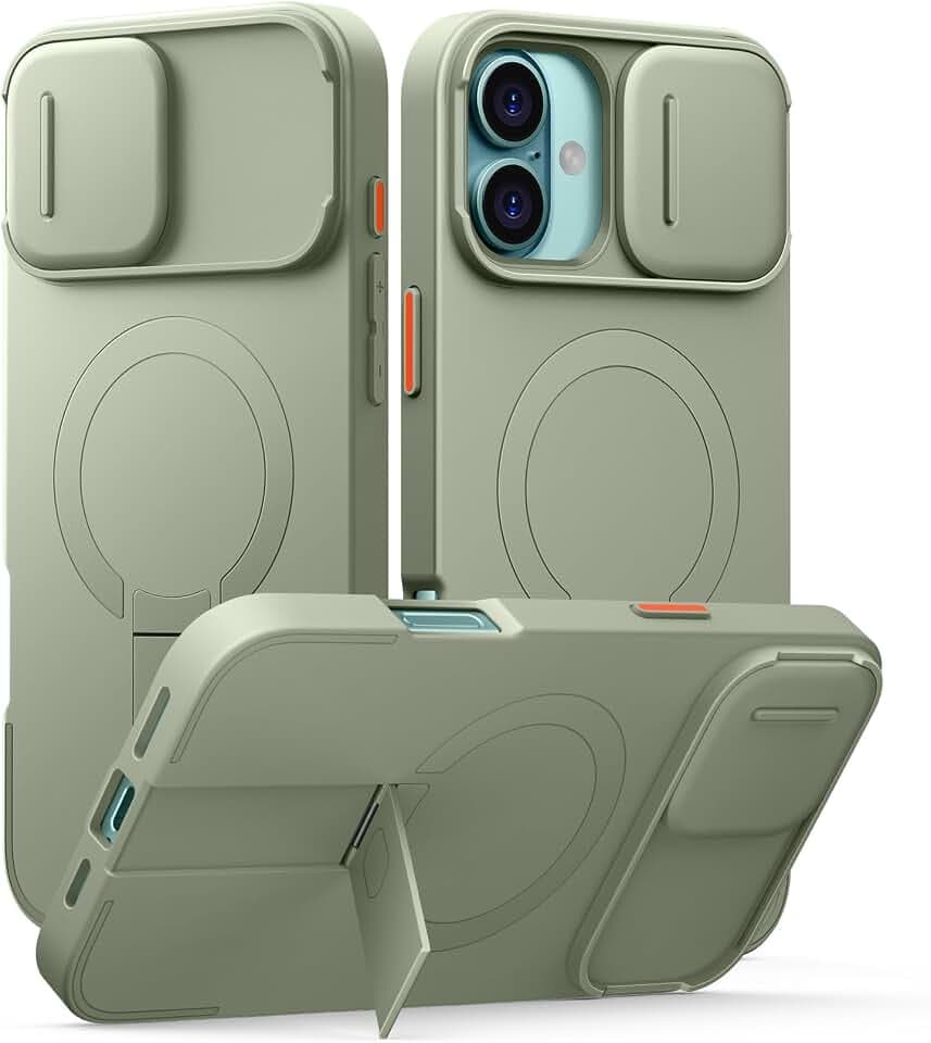SURITCH Magnetisch hülle Kompatibel mit iPhone 16 Plus, Stoßfest Handyhülle Kratzfest Schutzhülle mit Kameraabdeckung schieben und verstellbarem Kickstand(Khakigrün)
