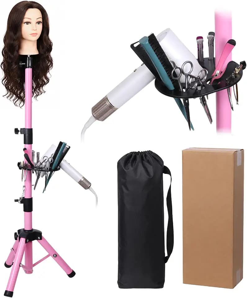 ZQIAN BEAUTY 55 Inch Heavy-duty Wig Head Stand, Adjustable Metal Mannequin Head Stand Tripod For Hairdressing Training Head, Wig Stand Tripod with Tool Tray (Pink, Mannequin Head Not Included)