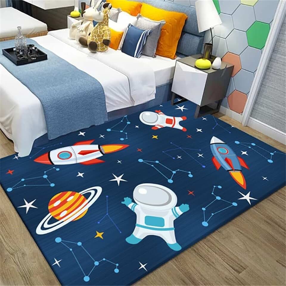Kinderteppich Universe Planet Astronaut Wohnzimmerteppich rutschfest Blau Schwarz Teppich Jungen und Mädchen Spielteppich Teppich Waschbar (B, 120 x 160 cm)