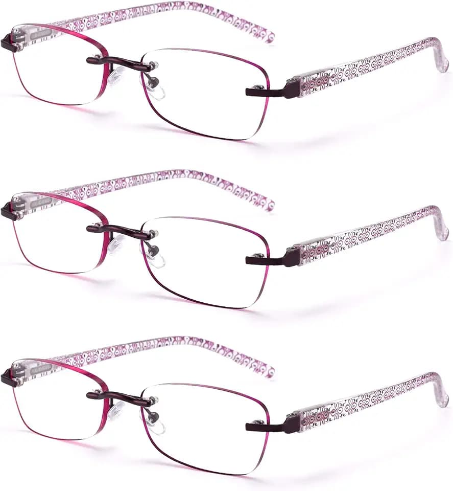 3-Pack Rimless Reading Glasses For Women, Lightweight Spring Hinge Readers, Classic Elegant Artistic Eyeglasses UV 400
