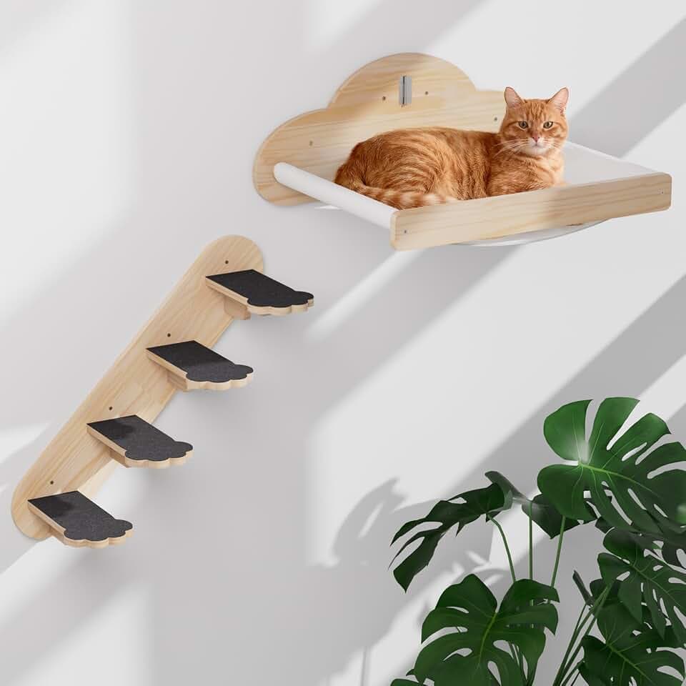 XiaZ Cat Wall Hammock Mounted Bed with 4 Climbing Steps, Modern Cats Shelves and Perches up to 30lbs, Wooden Kitten Wall Furniture for Indoor Sleeping, Playing, Climbing and Lounging (Hammock)