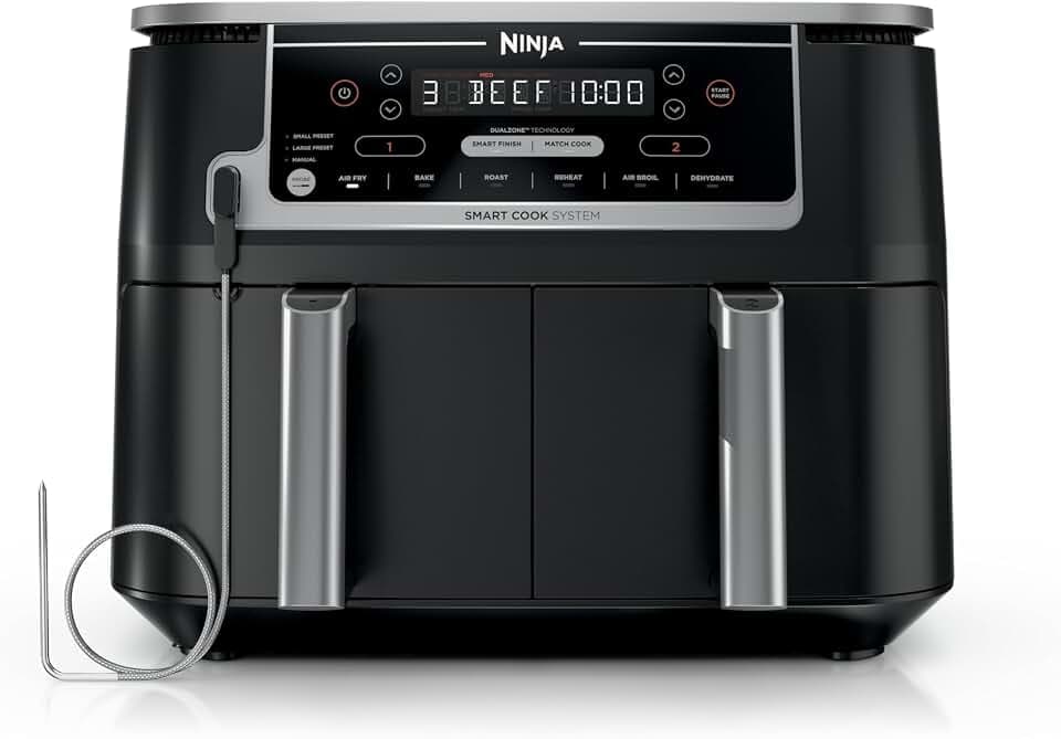 Ninja DZ550 Foodi 10 Quart 6-in-1 DualZone Smart XL Air Fryer, 2 Independent Baskets, Cook Thermometer, Match and Finish to Roast, Dehydrate, Black
